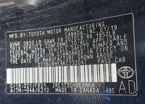 2019 Toyota Corolla Le from USA, damaged, VIN 2T1BURHE8KC232047
